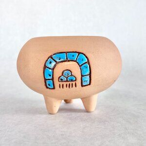 Signed Navajo Red Clay Tripod Bowl - Hand Painted Turquoise & Petroglyphs